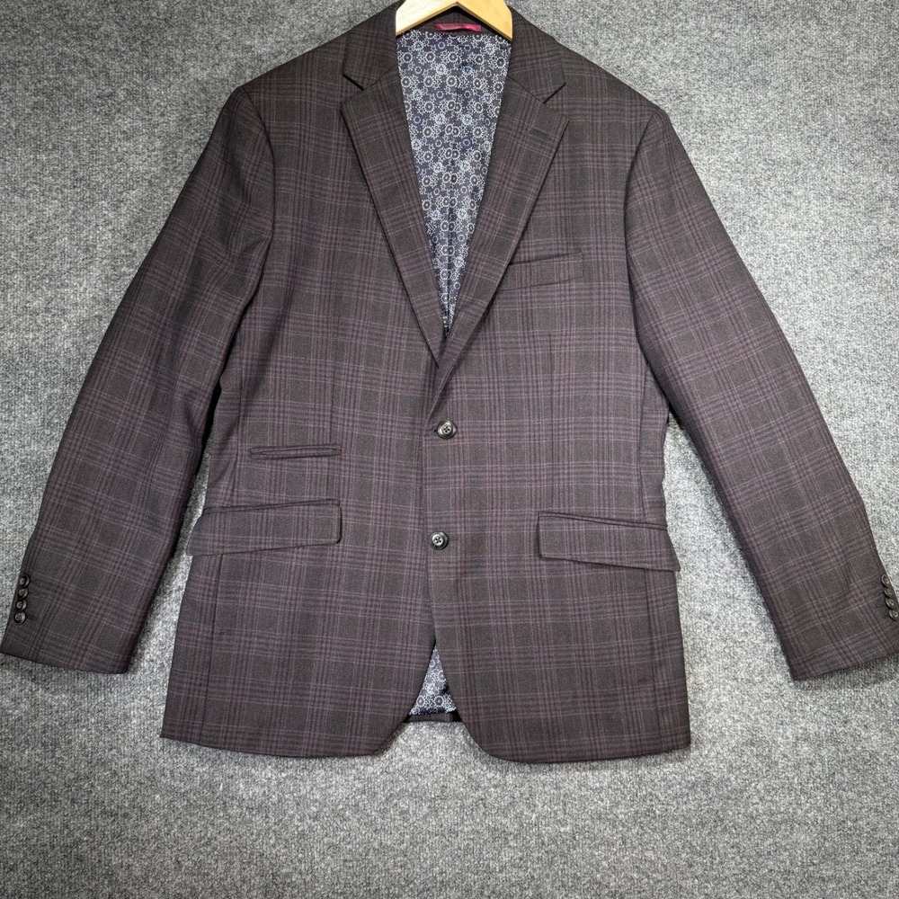 Johnston & Murphy Plaid Blazer Sport Coat Mens M Burgundy 100% Wool 2-Button